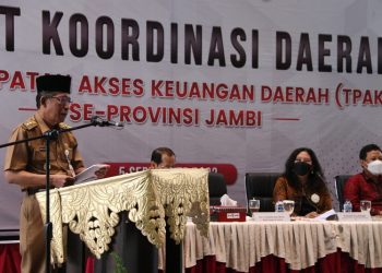 Wagub Abdullah Sani saat memberi kata sambutan pada Rakor TPAKD se Provinsi Jambi Tahun 2022 (foto: Agus / Istimewa)